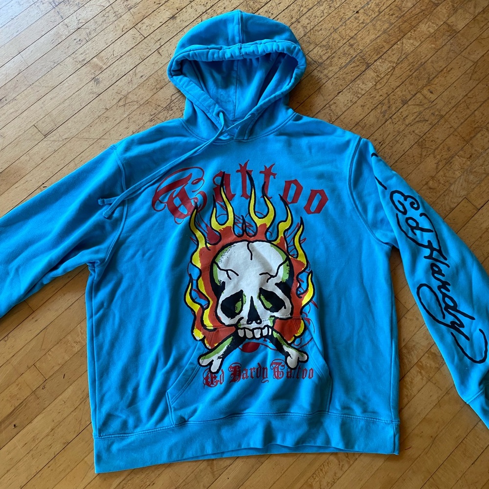Ed Hardy Vibrant Blue Skull Graphic Sweater